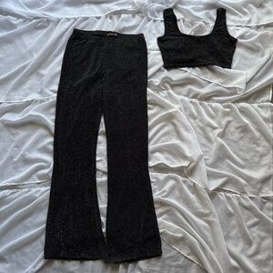 Boohoo Black Glitter Flare Pants & Crop Top Set